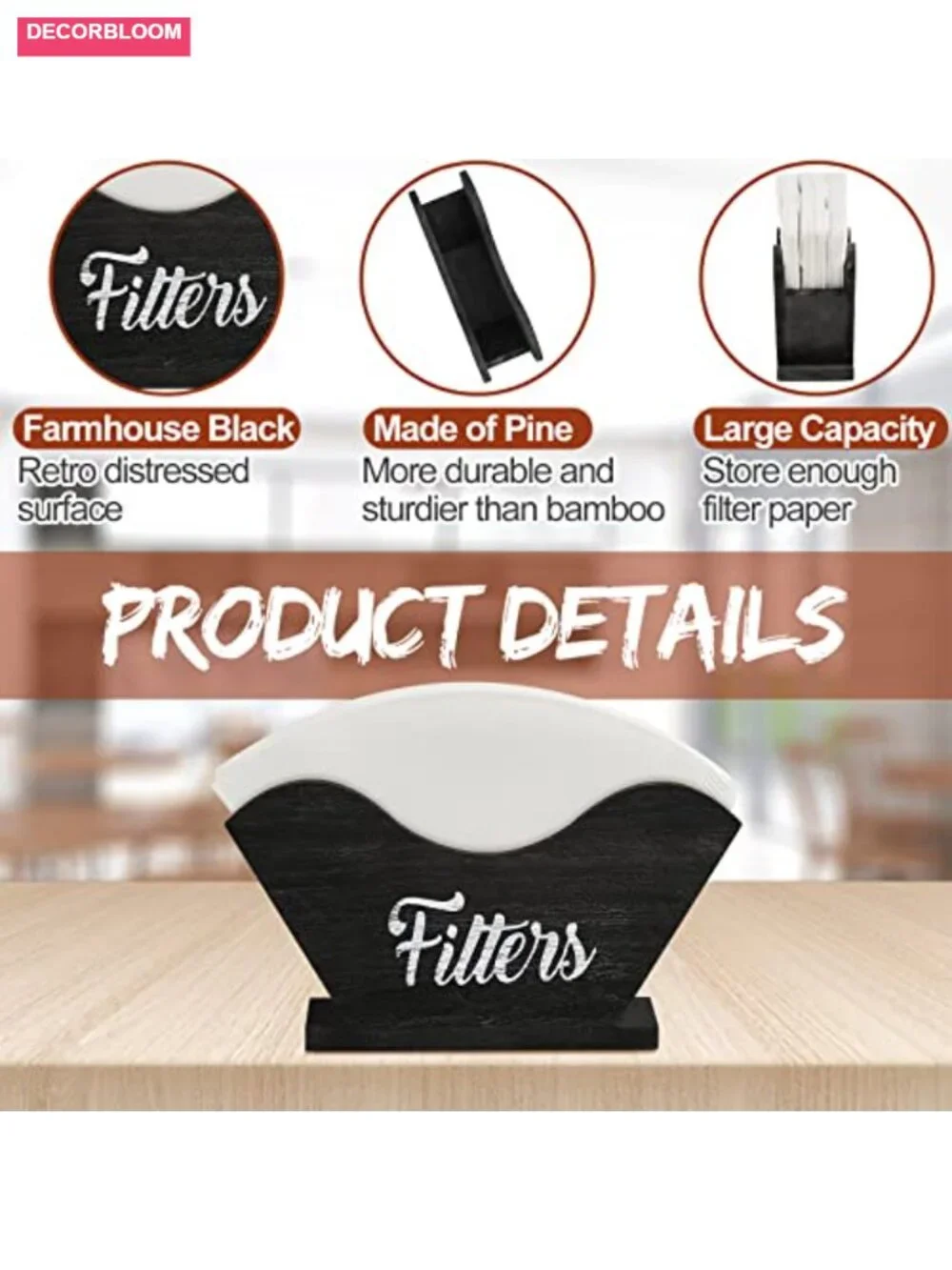 Farmhouse Wooden Coffee Filter Holder Storage Dispenser